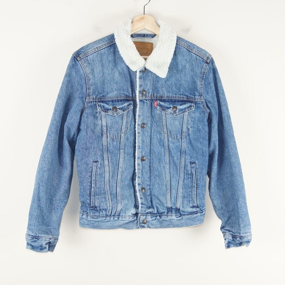 Levis Premium Trucker Sherpa Lined Type III Snap Button Blue Denim Jacket Mens S